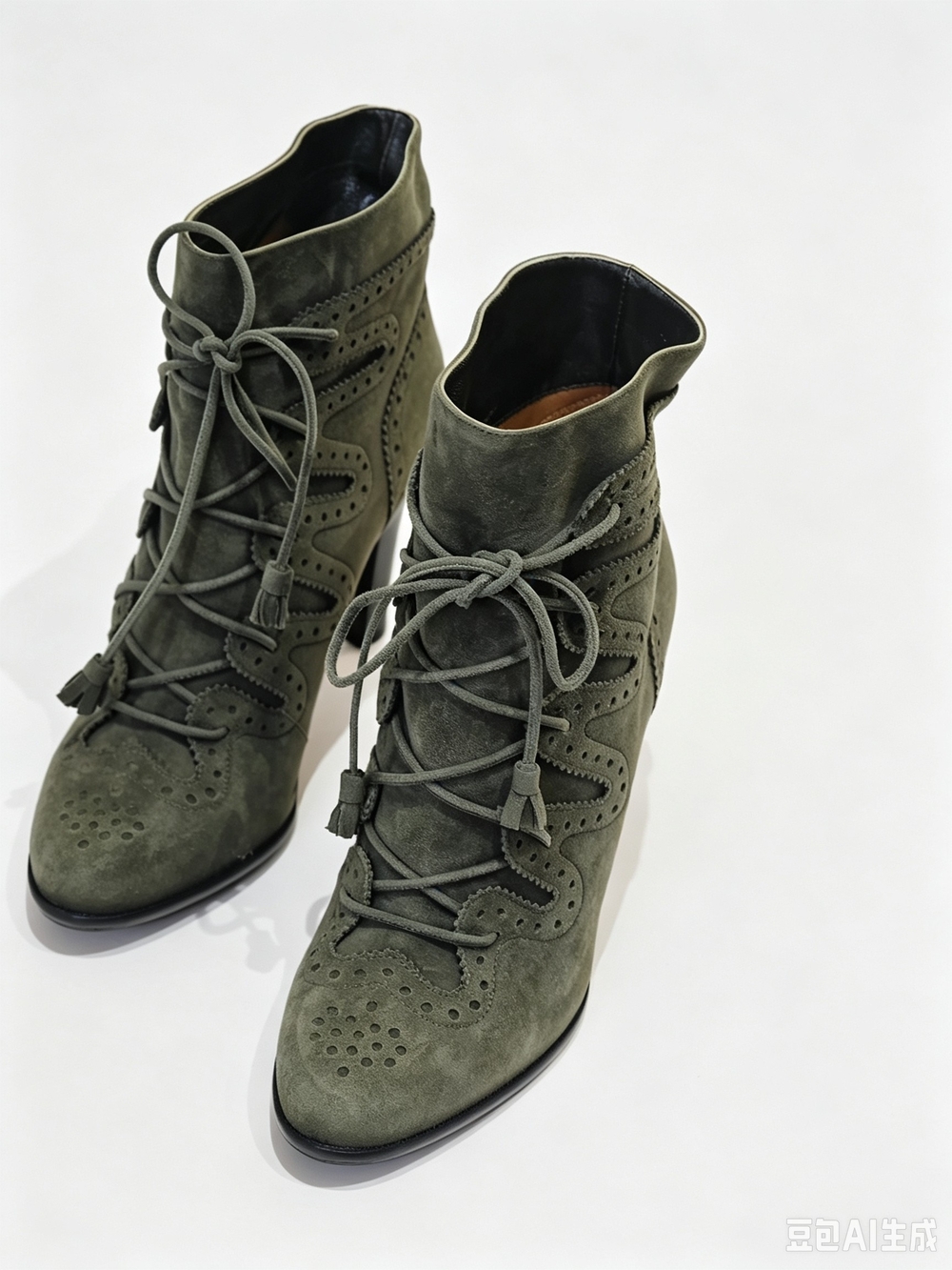 HERMES Lace-Up Suede Ankle Boots in Olive Green